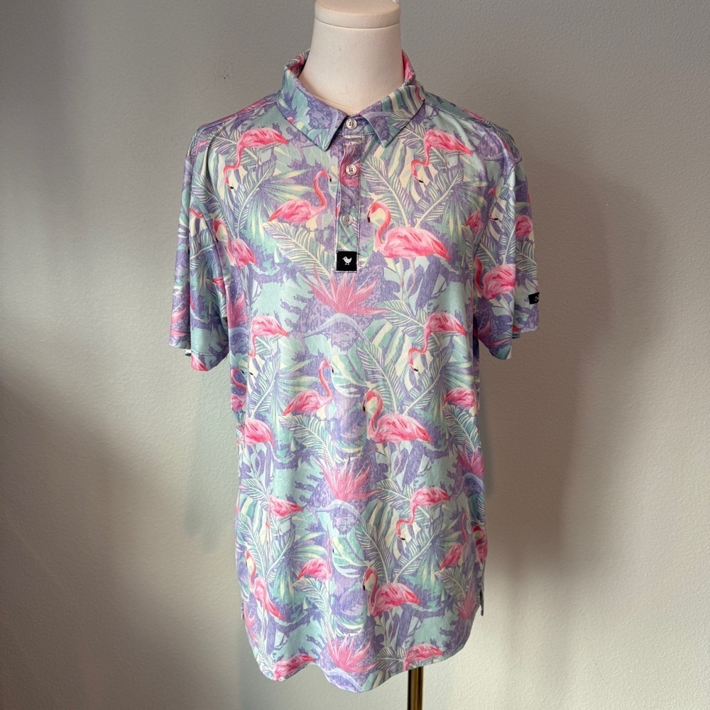Bad Birdie Mingos Polo Shirt Sz S Tropical Pink Flamingo Floral Golf